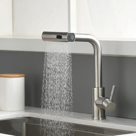 Robinet Cuisine 2 en 1 avec Douchette et Bec Mobile Mitigeur Évier Nickel Brossé Bec Rotatif 360° Pulvérisateur Détachable et Télescopique
