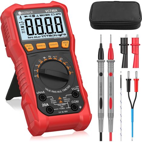 Multimètre Numérique 2000 Comptages Testeur Électrique AC DC Courant Tension Résistance Capacité NCV Fréquence Température avec Pince Crocodile (Rouge, 6000 Counts / 1000V 20A) (1/5)