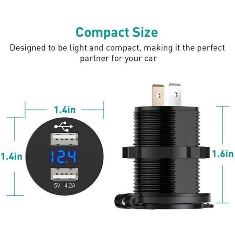 Prise Usb Voiture - 12 V - 4 2 A - Double Port - Voltmètre Numérique - Étanche Ip66 - Pour Voiture Moto Bateau Caravane (1/4)