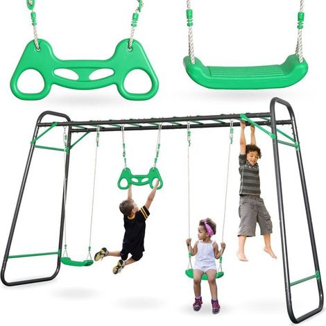Columpio exterior - 2 asientos, trapecio, escalera - Verde - 368 x 112 x 222 cm
