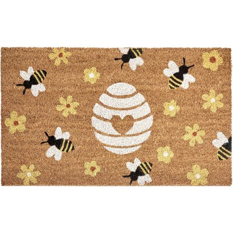 Paillasson en Fibre de Coco 50 x 80 cm Antidérapant Dessous en PVC Motif Abeilles et Fleurs Naturel Kigalik