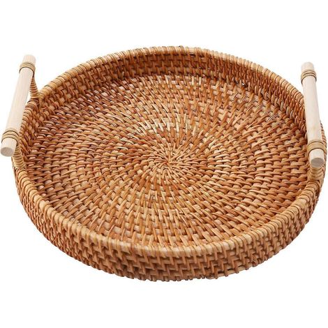 Plateau de rangement en rotin, panier rond avec poignée, tressé à la main, plateau en rotin, panier en osier pour pain, fruits, aliments, petit-déjeuner, L (1/4)