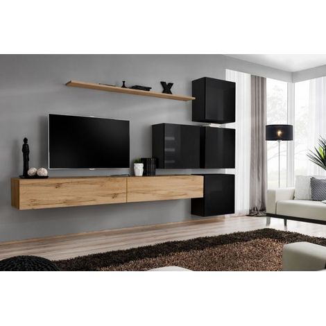 Ensemble mural - Switch IX - 4 vitrines carrées - 2 bancs TV - 1 étagère - Bois et noir - Modèle 1 - Livraison gratuite