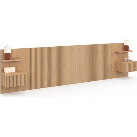 Tête de lit suspendue JULIETTE 240 cm avec chevets + tiroir effet lattes tasseau bois (1/5)