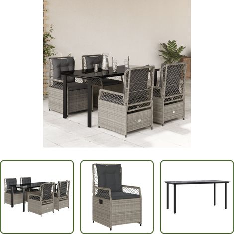 Gartentisch - 5-tlg. Garten-Essgruppe mit Kissen Hellgrau Poly Rattan (1/5)