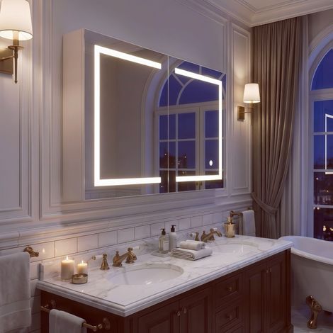 Armoire de salle de bain 80x60 cm, avec réglage de la luminosité sur trois niveaux, 2 étagères réglables, interrupteur tactile, armoire à miroir intelligente à double porte, Blanc