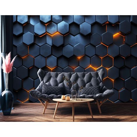 Vlies Fototapete Geometrisch 300x210 cm, Tapeten, für Wohn und Schlafzimmer, Vliestapete Wandtapete Tapete 3D Effekt- inkl. Kleister - Modern Abstrakt Orange Schwarz, WallArena (1/4)