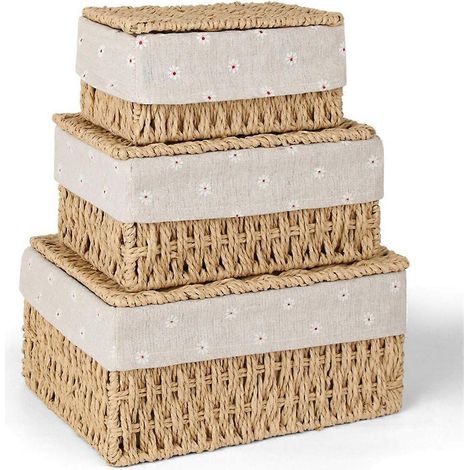 Panier de rangement, lot de 3 paniers avec couvercle, panier tressé en corde de papier, paniers décoratifs bohèmes avec doublure (1/5)