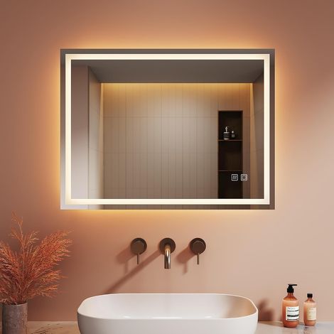 Miroir de salle de bain LED avec rétroéclairage, 60 x 80 x 3,5 cm, 3 couleurs de lumière (à intensité variable), technologie anti-buée, interrupteur tactile capacitif, montage flexible (1/5)