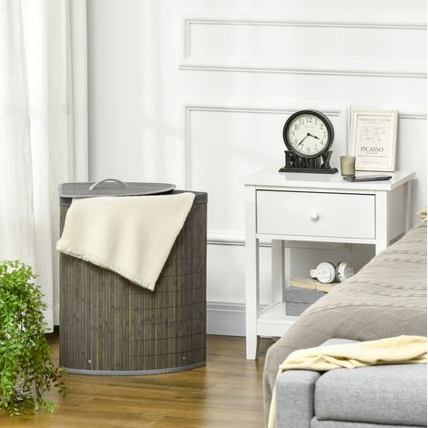 Cesto para ropa angular de bambú gris 55 L con tapa y bolsa extraíble (1/5)