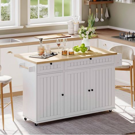 Isola cucina 137/70/89,5 cm in bianco naturale con piano ribaltabile e ruote bloccabili (1/5)