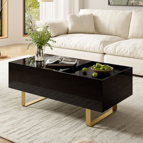Table basse relevable avec rangement, MDF noir brillant, tiroir et pieds en fer, OKMYHOME (1/5)