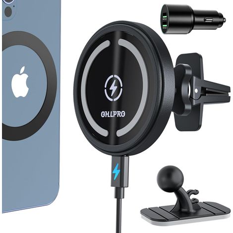 Chargeur de voiture sans fil avec support magnétique, fixation adhésive sur tableau de bord, compatible avec les 17 Pro Max, 16, 15 et 14, charge rapide 15 W, coque e (1/5)