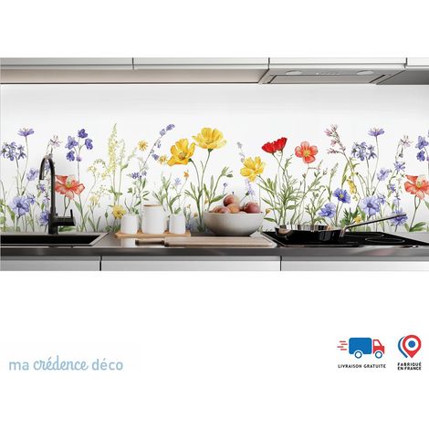 Crédence : Fleurs des champs colorées aquarelles - Couleur Vert émeraude - Alu composite - 60 - 120 (1/3)