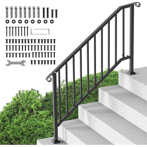 VEVOR Rampe deescalier pour 5 marches exterieures, main courante escalier en acier au carbone, avec kit deinstallation, pour personnes agees, marches en beton, porche, terrasse, arche retro noire (1/5)