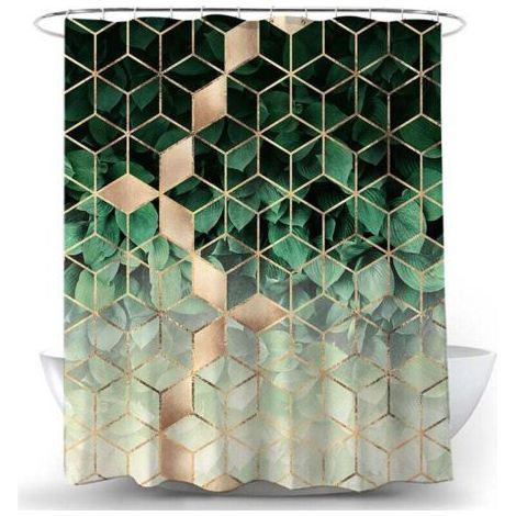 Cortina de ducha geométrica con diseño de mármol verde, 120 x 180 cm, hecha de tela de poliéster, resistente al moho, impermeable, lavable, incluye 12 anillas y ganchos para la bañera (1/4)