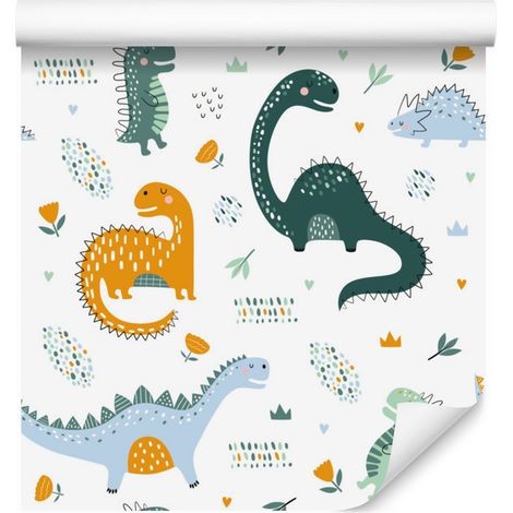 Carta da parati con dinosauri, foglie e fiori per soggiorno e camera da letto, 50x1000 cm (1/5)