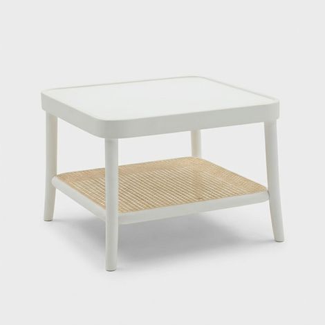 Tavolino basso quadrato in legno laccato con ripiano in paglia di Vienna Thomas - Bianco