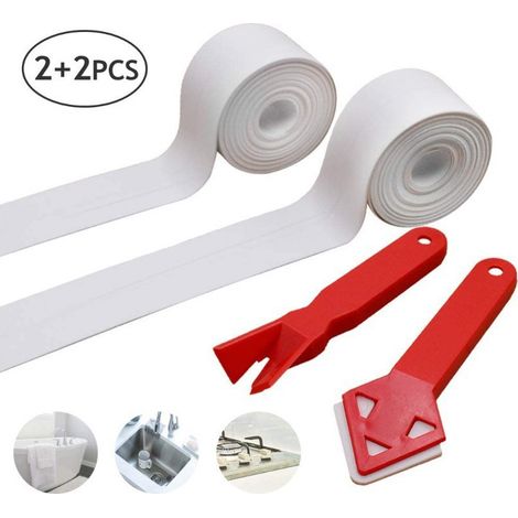 2 Rubans Adhesifs Douche + 2 Outils Calfeutrage Silicone Salle Bain PE (1/4)