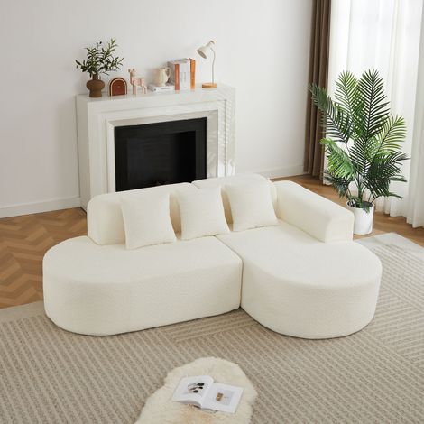 Canapé d’angle en L 3 places 222x157x73 cm avec méridienne droite, formes arrondies style Wabi-Sabi, 3 coussins dossier, chenille beige (1/5)