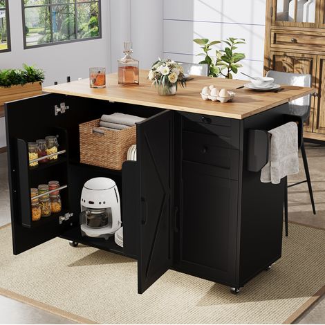 Mueble de cocina isla móvil con tablero abatible, 120 x 43,2 x 92 cm, negro DESVIAE (1/5)