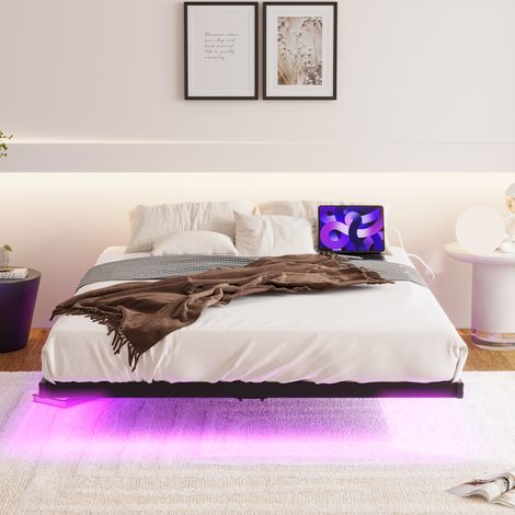 Lit cadre métal noir 140x200 avec sommier lattes LED USB (1/5)