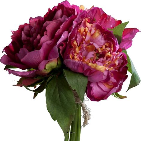 Bouquet de 3 Pivoines Fuchsia épanouies factices Corde & feuille H26cm - couleur: Rose fushia 730 (1/3)
