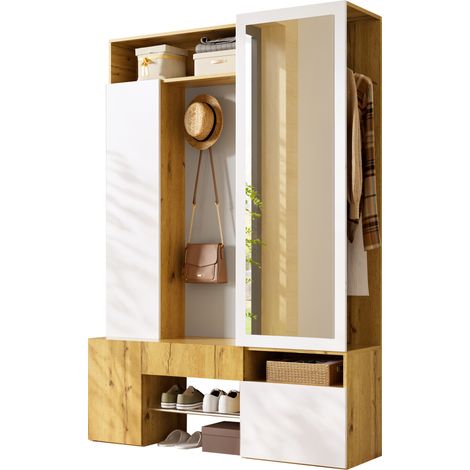 Armoire porte-manteau MDF avec miroir, meuble à chaussures, placard d'entrée, penderie d'entrée, armoire avec tringle à vêtements, crochets, meuble d'entrée (1/4)