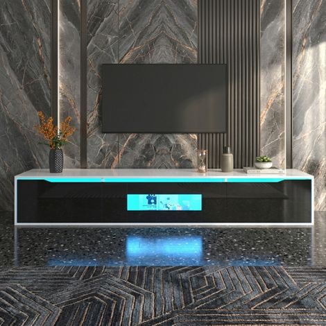 Meuble TV suspendu, meuble TV LED avec 3 portes, minimaliste avec espace de rangement, meuble TV bas pour salon, noir brillant (1/5)