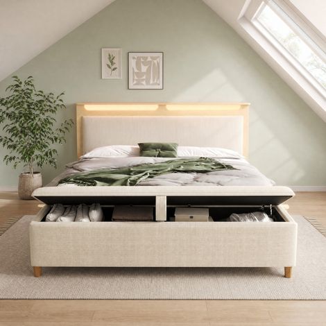 Lit double 165x253x110 cm chêne clair et beige en bois et velours côtelé avec LED et banc coffre (1/5)