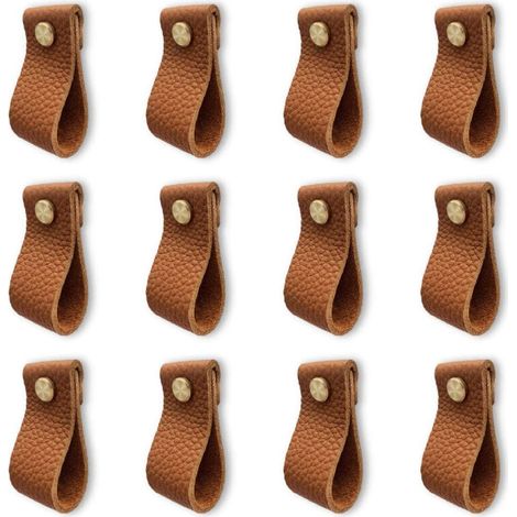 Paquete de 12 tiradores de cuero para muebles, tiradores de puerta con tuercas, anticolisión para cajones de armarios y cómodas (lichi con rayas marrones) (1/5)