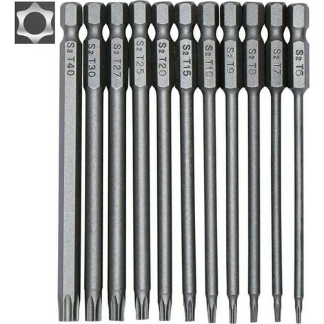 SABIR Jeu de 11 embouts longs Torx pour tournevis et visseuse électrique - Embouts magnétiques - Tige hexagonale de 1/4" - Tailles T6 à T40 - Longueur 100 mm (1/4)