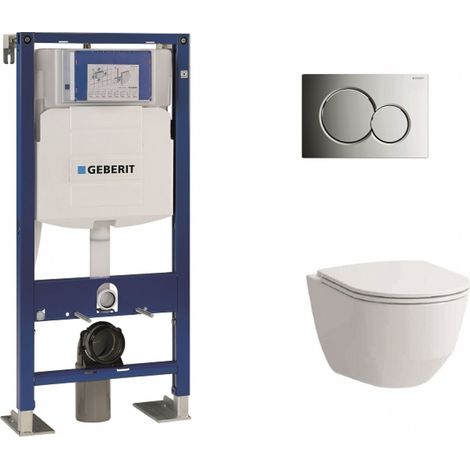 Pack WC suspendu Geberit UP320 – Cuvette Rimless sans bride – Abattant Slim frein de chute – Plaque de déclenchement Sigma CHR brillante