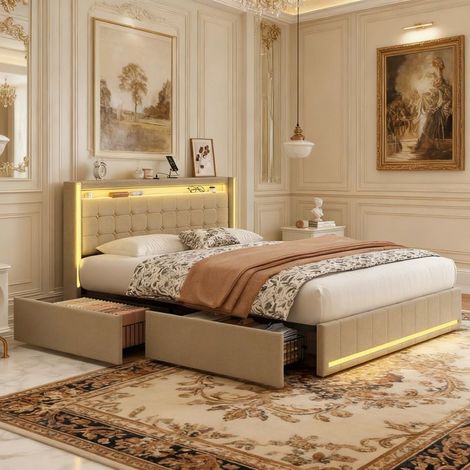 Doppelbett 140x200 cm gepolstert Leinen beige - 4 Schubladen, LED & USB, Lattenrost, skandinavischer Stil