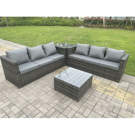 Ensemble De Canapé D'angle De Meubles De Jardin En Rotin En Plein Air Gris Moelleux Avec 2 Tables Basses (1/3)