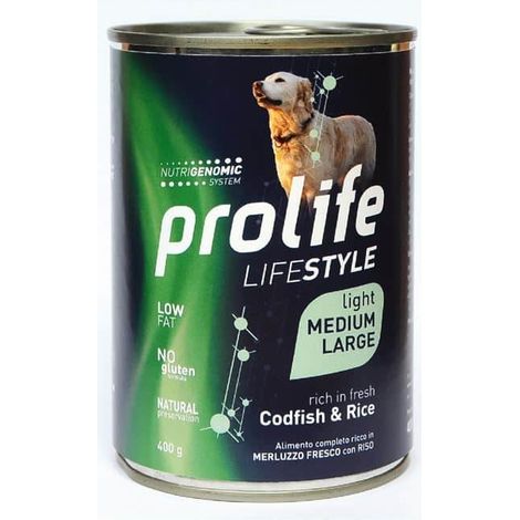 Prolife Dog Lifestyle Adult Light Medium Large Merluzzo e Riso  - Prolife Dog Lifestyle Adult Light Medium Large Merluzzo e Riso - Lattina Da 400 Gr (1/2)
