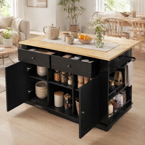 Mobile cucina a isola con prese, piano ribaltabile e ruote, nero e legno DESVIAE (1/5)