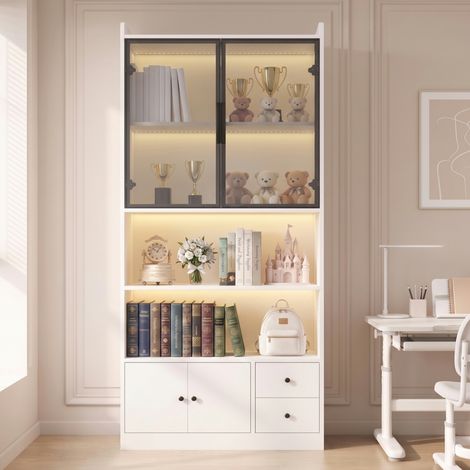 Vitrine mit led beleuchtung - 80x35x180cm glasvitrine standvitrine küchenschrank wohnzimmerschrank mit glastür mdf weiß (1/5)
