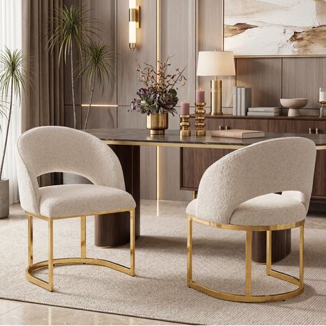 Lot de 2 chaises de salle à manger bouclette beige et métal doré, assise confortable, style moderne et élégant pour salon, restaurant ou café  CHICFURN (1/5)