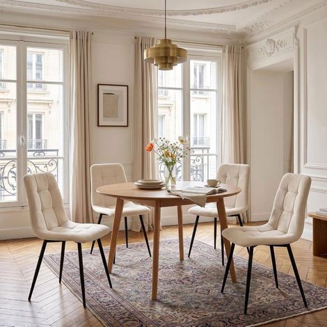 Lot de 4 chaises de salle à manger rembourrées – Dossier haut ergonomique – Structure en métal – Revêtement en lin beige
