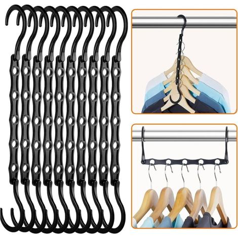 10 platzsparende Kleiderbügel mit 5 Löchern, schwarze Kunststoff-Mehrzweckbügel, multifunktionale Schrankhaken, Kleiderorganizer für Hemden, Anzüge, Hosen und Kleider
