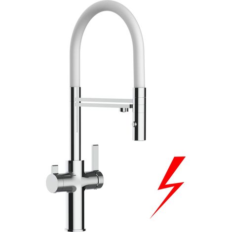 NIEDERDRUCK 3 Wege Wasserhahn Küchenarmatur Spültischmischer, Verchromt mit 360° schwenkbarem Auslauf, abnehmbare 2 strahl Handbrause, Flex-Schlauch oben in Weiß - VZFC Linie (1/5)