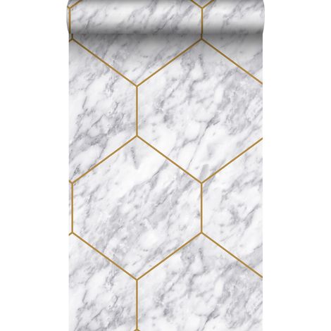 papier peint hexagone effet marbre blanc, gris et or - Origin Wallcoverings (1/5)