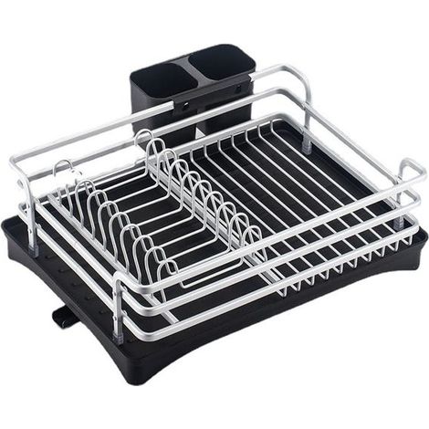 Égouttoir vaisselle aluminium inoxydable anti-corrosion, porte-couverts démontable, crépines incluses, pour plan de travail cuisine, gris métallisé (1/5)