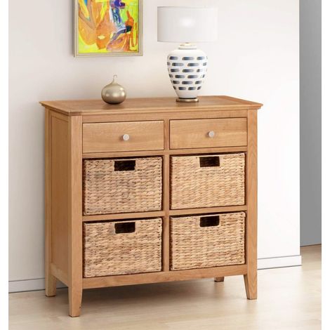 Hallowood Furniture Hereford Storage Unit with Baskets, Solid Wood Small Sideboard with 4 Wicker Baskets and 2 Drawers, Oak Console Table for Living Room, Bedroom, Hallway Furniture Shoe Storage (1/5)