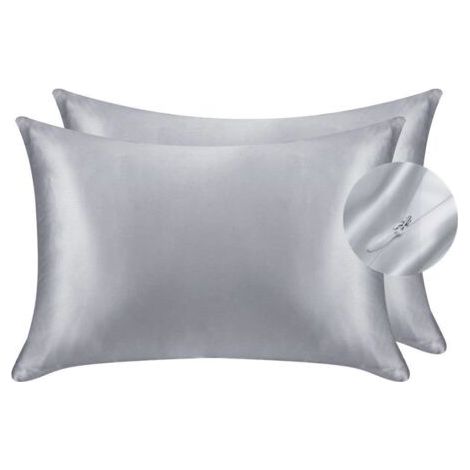 Lot de 2 Taie d'oreiller imitation soie - pour Les Cheveux et la Peau - 19 mm de des Deux côtés, Gris Argenté, Standard 50x75cm -INHHUB