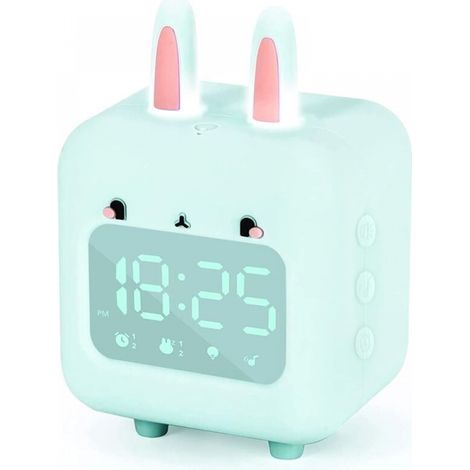 Despertador digital verde para niños, conejo con luz nocturna, temporizador y repetición, reloj de cabecera recargable por USB para niñas, niños, dormitorio, regalo escolar (1/5)
