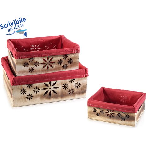 Cestini natalizi in legno intagliato a fiocchi di neve con stoffa interna bordeaux, set da 2 pezzi, Grande: cm 30 x 23 x 12 H