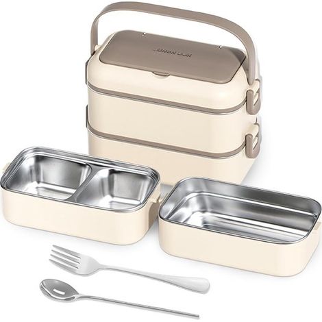 Boîte bento en acier inoxydable, double couche avec compartiments, étanche, avec couverts, boîte à lunch pour maison, bureau, école et pique-nique, kaki (1/5)