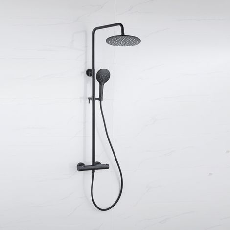FugaFlow Eccelente Ensemble de douche de tête - thermostatique - douche de tête 25cm - flexible lisse - douchette ronde - noir mat